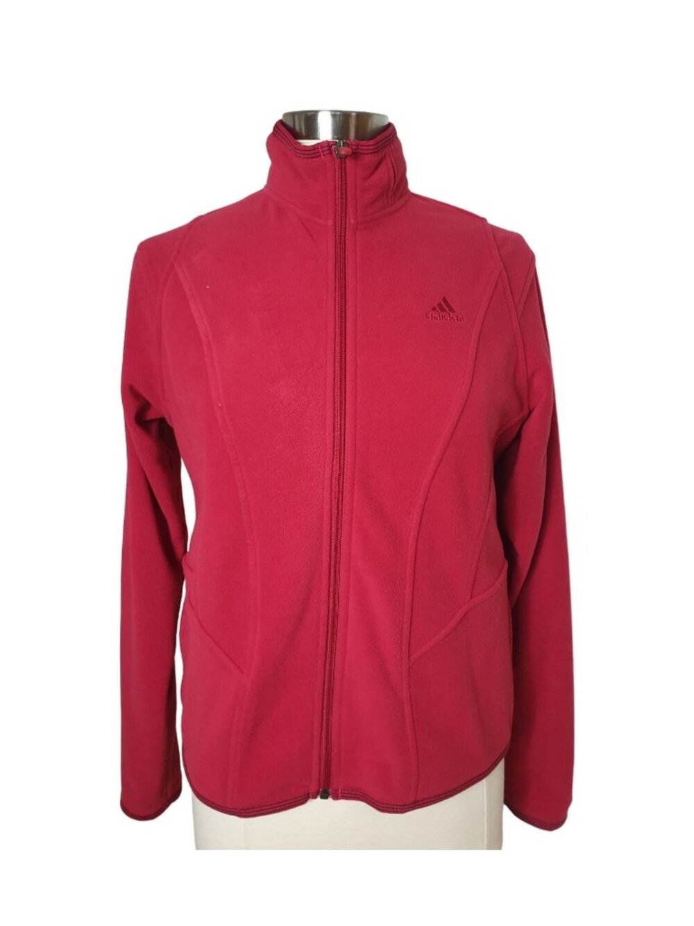 Adidas Womens M Full-Zip Fleece Jacket Red Sporty 3-stripes Casual Activewear